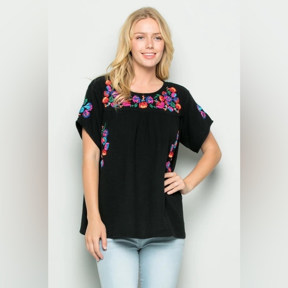 See and Be Seen ON THE BORDER EMBROIDERED TOP, BLACK size Medium
